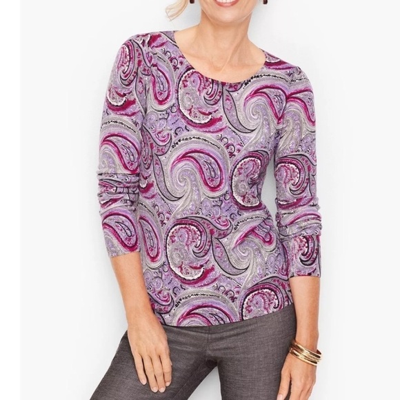Talbots Merino Wool Womens XL Purple Paisley Crewneck Sweater 3/4 Sleeve - Picture 1 of 6
